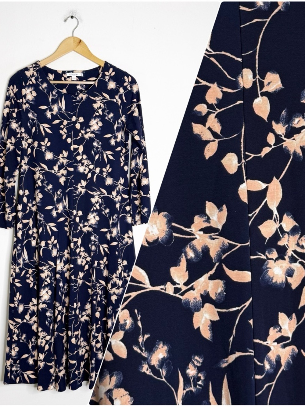 Chico’s Size 1 US Medium 8 Navy Floral Midi Dress Stretch 3/4 Sleeve